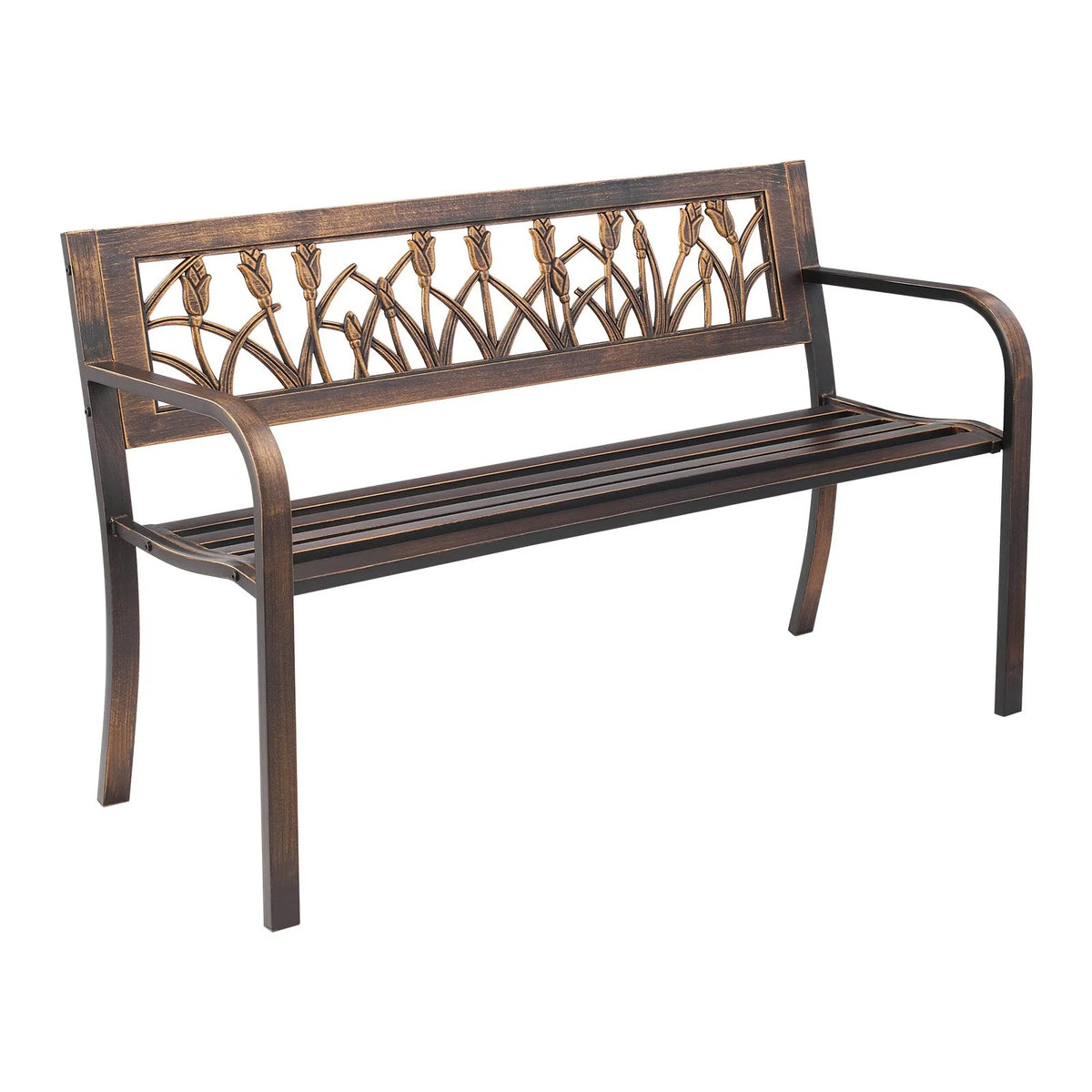 Āra sols 127 cm, ar oglekļa tērauda metāla rāmi, PVC dekoratīvu atzveltni ar ziedu rakstu un noapaļotiem roku balstiem, laikapstākļu izturīgs, antīka bronzas krāsā, piemērots terasei, dārzam, parkam, pagalmam un lievenim