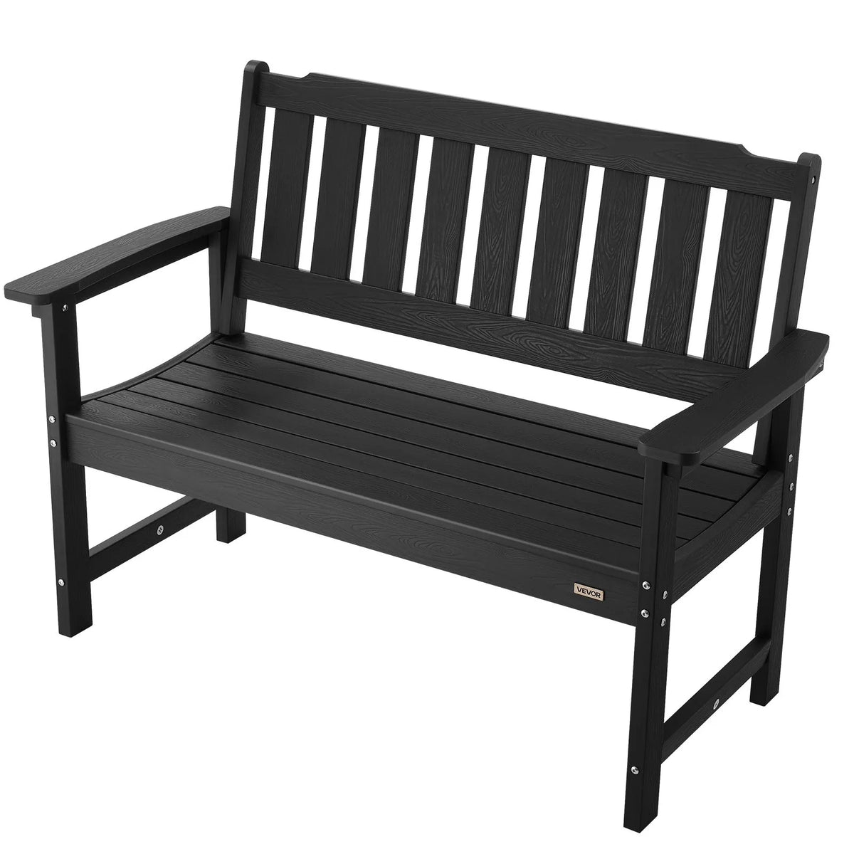 Āra sols 128 cm, izturība līdz 363 kg, paredzēts 2–3 personām, laikapstākļu izturīgs plastmasas rāmis ar atzveltni un platiem roku balstiem, piemērots terasei, dārzam, parkam, pagalmam un lieveņiem, melns