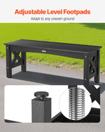Āra sols 113 cm, izturība līdz 272 kg, laikapstākļu izturīgs plastmasas rāmis ar regulējamām kāju pamatnēm un pastiprinātām kājām, piemērots terasei, dārzam, parkam, pagalmam un lieveņiem, melns