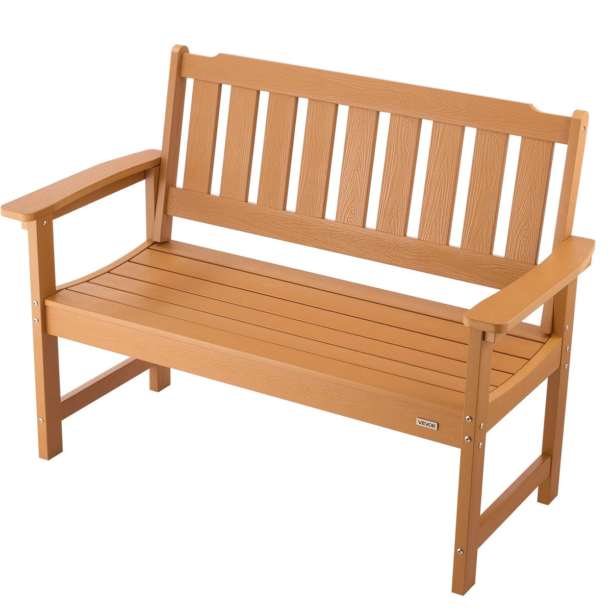 Āra sols 128 cm, izturība līdz 363 kg, paredzēts 2–3 personām, laikapstākļu izturīgs plastmasas rāmis ar atzveltni un platiem roku balstiem, piemērots terasei, dārzam, parkam, pagalmam un lieveņiem, dabīga koka krāsā