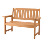 Āra sols 128 cm, izturība līdz 363 kg, paredzēts 2–3 personām, laikapstākļu izturīgs plastmasas rāmis ar atzveltni un platiem roku balstiem, piemērots terasei, dārzam, parkam, pagalmam un lieveņiem, dabīga koka krāsā