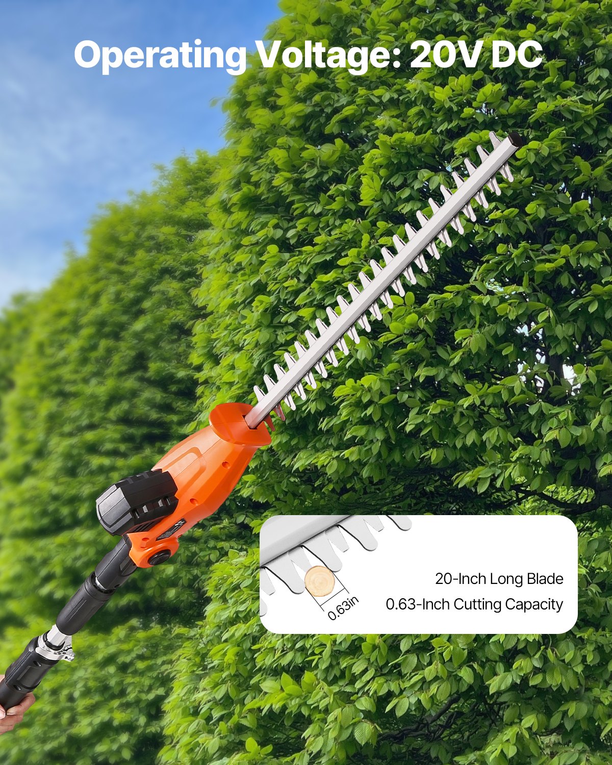 VEVOR bezvadu elektriskais dzīvžogu griezējs ar 20 V akumulatoru, 1200 apgr./min, pagarināms no 1,9 m līdz 2,4 m, 510 mm asmens, 5 leņķu regulēšana augstu zaru un dārza kopšanai