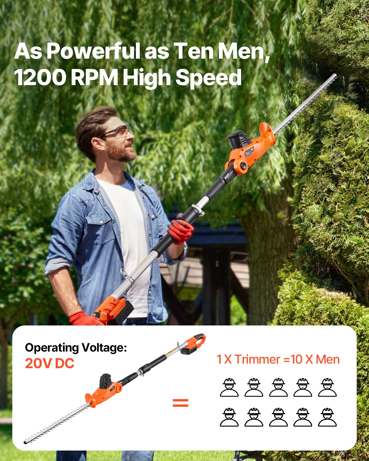 VEVOR bezvadu elektriskais dzīvžogu griezējs ar 20 V akumulatoru, 1200 apgr./min, pagarināms no 1,9 m līdz 2,4 m, 510 mm asmens, 5 leņķu regulēšana augstu zaru un dārza kopšanai