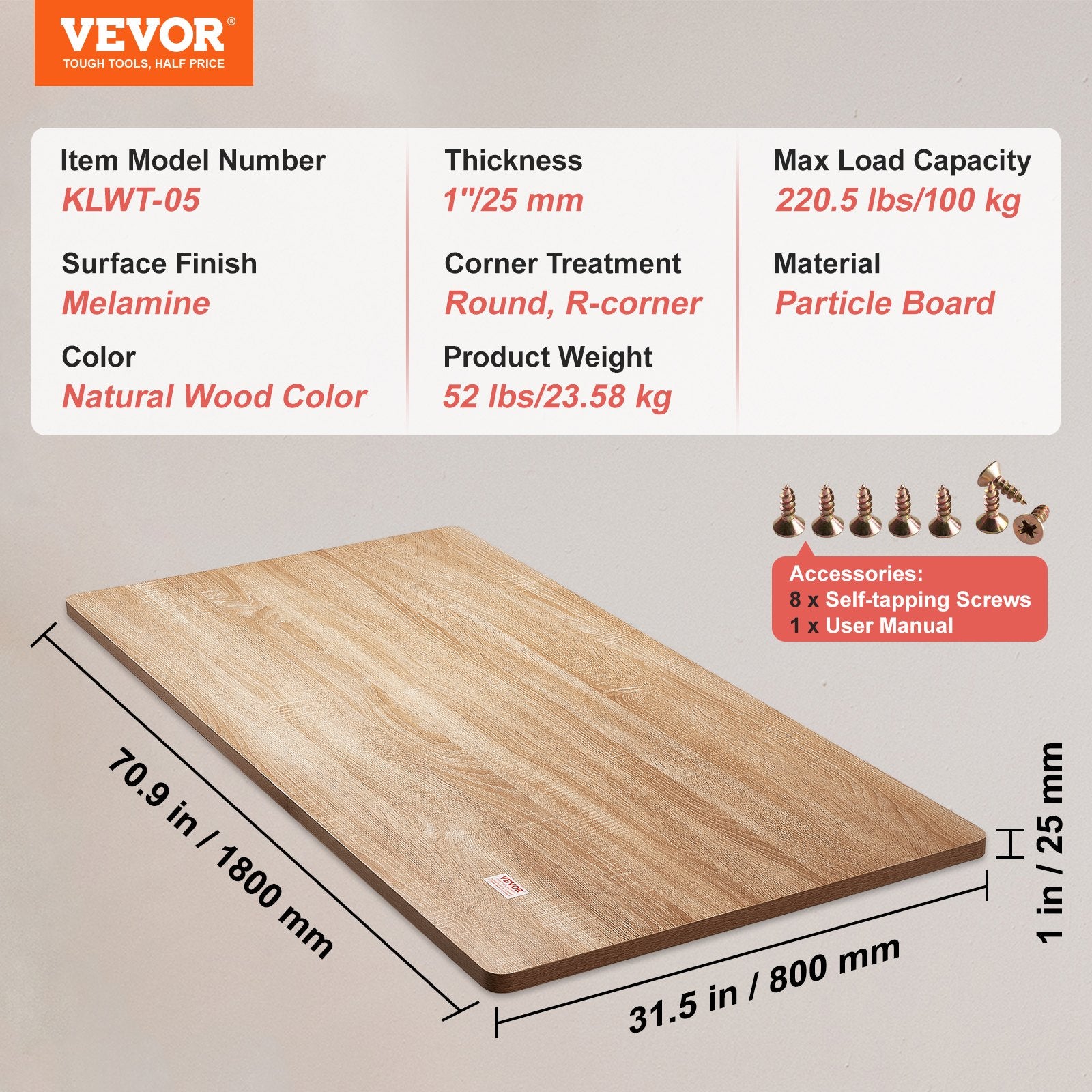 VEVOR galda virsma 180x80x2,5 cm, taisnstūrveida, skaidu plātne, 100 kg