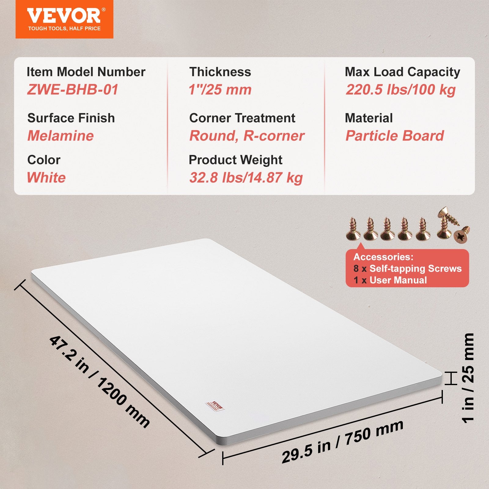 VEVOR galda virsma 120x75x2,5 cm, taisnstūrveida, skaidu plātne, 100 kg