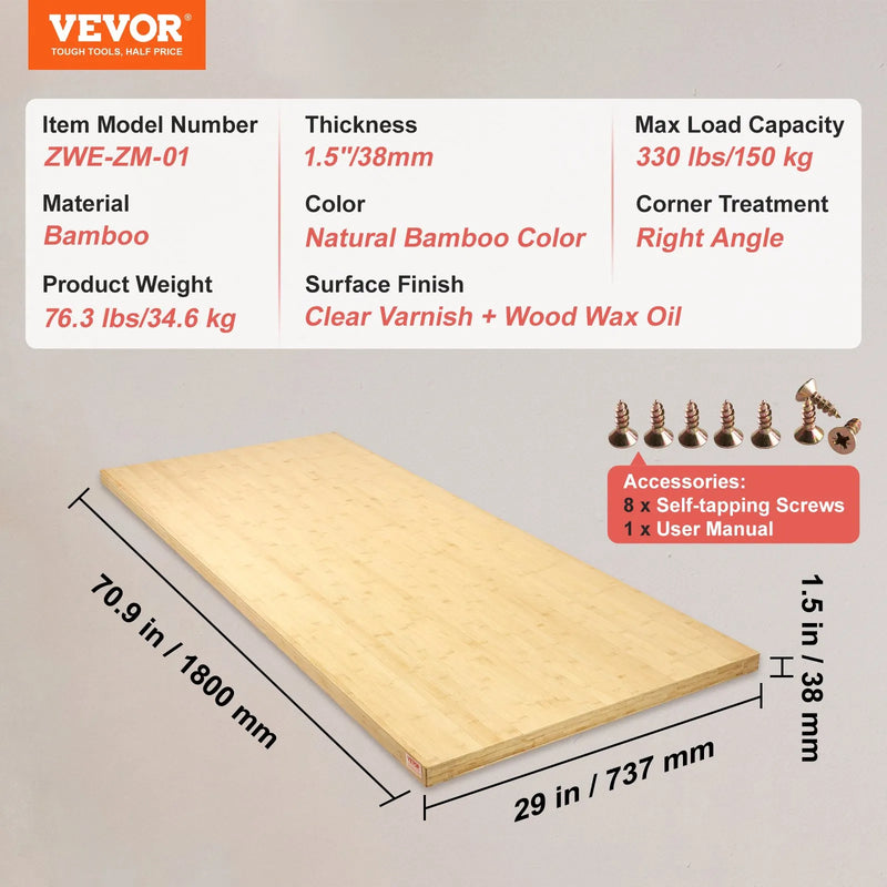 VEVOR bamboo table top, rectangular, 1800 × 737 × 38 mm, load capacity up to 150 kg
