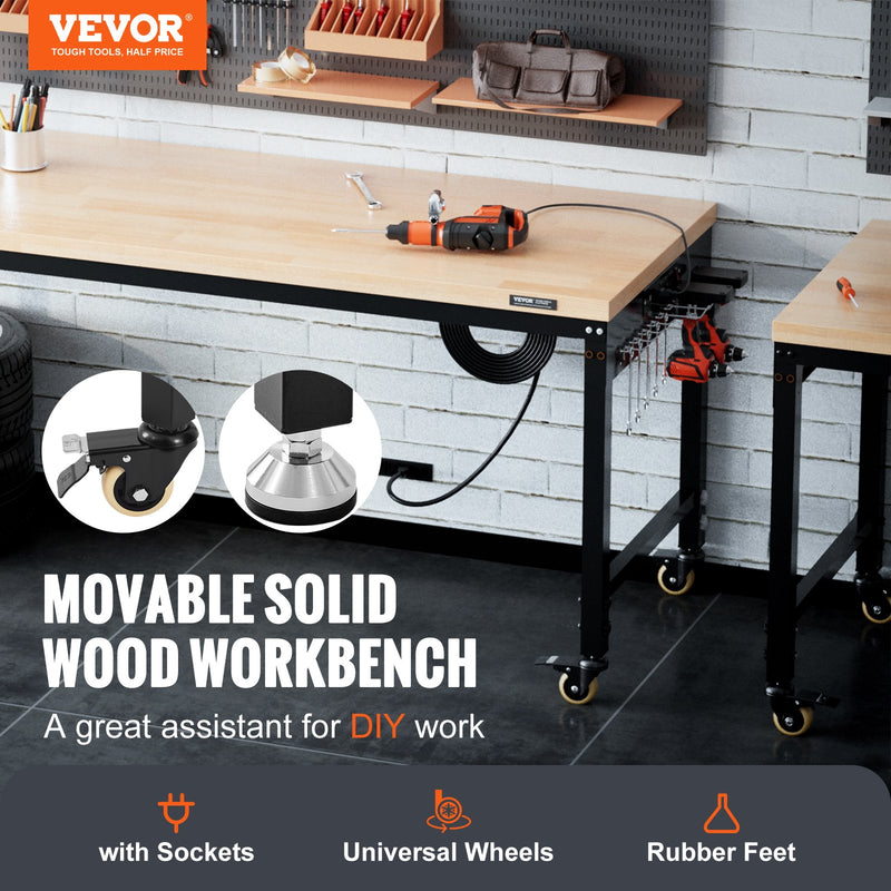VEVOR workbench with power outlet, work surface 152.4 x 55.9 x (71.1-100.3 cm) cm, workshop table with load capacity 907 kg