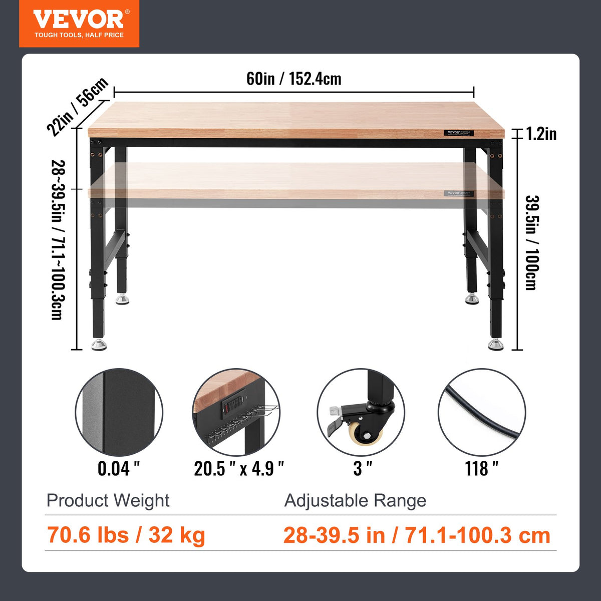 Верстак VEVOR с розеткой, рабочая поверхность 152,4 x 55,9 x (71,1-100,3 см) см, стол для мастерской грузоподъемностью 907 кг
