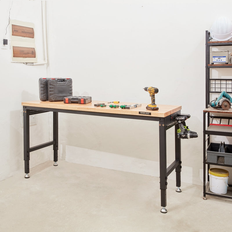 VEVOR workbench with power outlet, work surface 152.4 x 55.9 x (71.1-100.3 cm) cm, workshop table with load capacity 907 kg