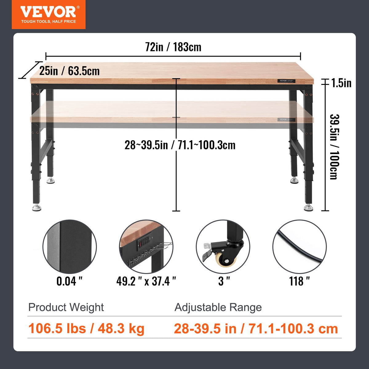 Верстак VEVOR с розеткой, рабочая поверхность 183x63,5x100 см, стол для мастерской грузоподъемностью 1361 кг