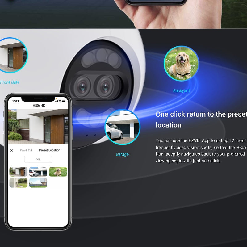 EZVIZ H80x Dual 4K izšķirtspēja, grozāma Wi-Fi kamera, krāsaina nakts redzamība, atbalsta MicroSD karti (līdz 512 GB) un EZVIZ mākoņkrātuvi, divvirzienu saruna