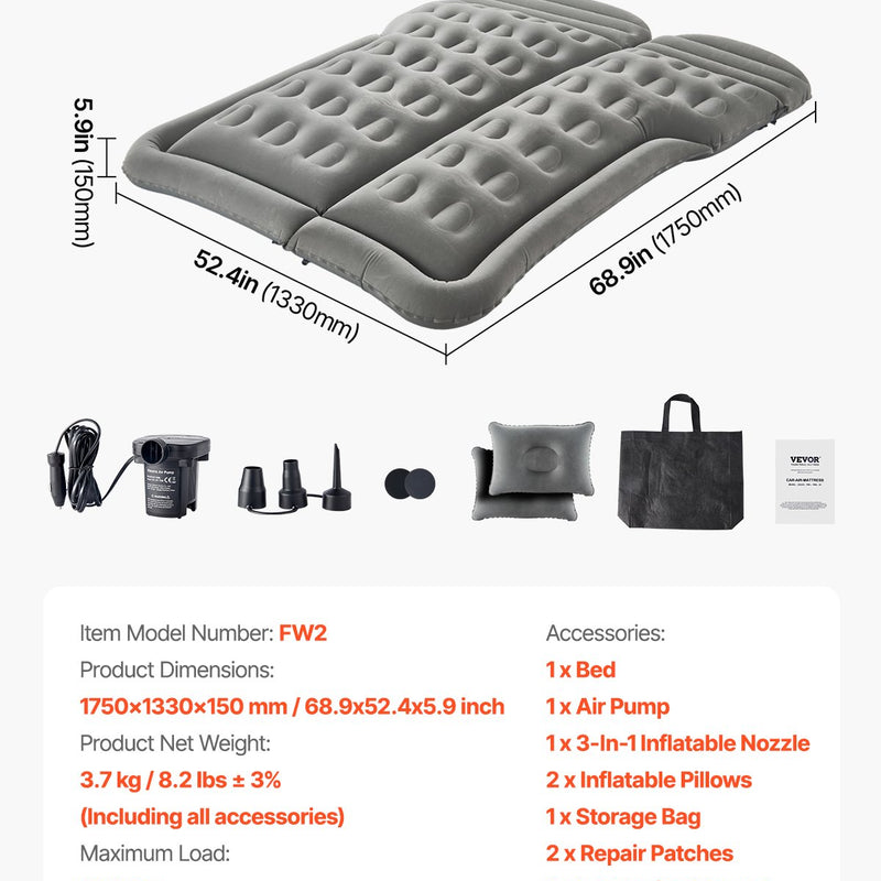 VEVOR piepūšamais auto matracis kempingam un ceļošanai – piemērots SUV, MPV un sedaniem