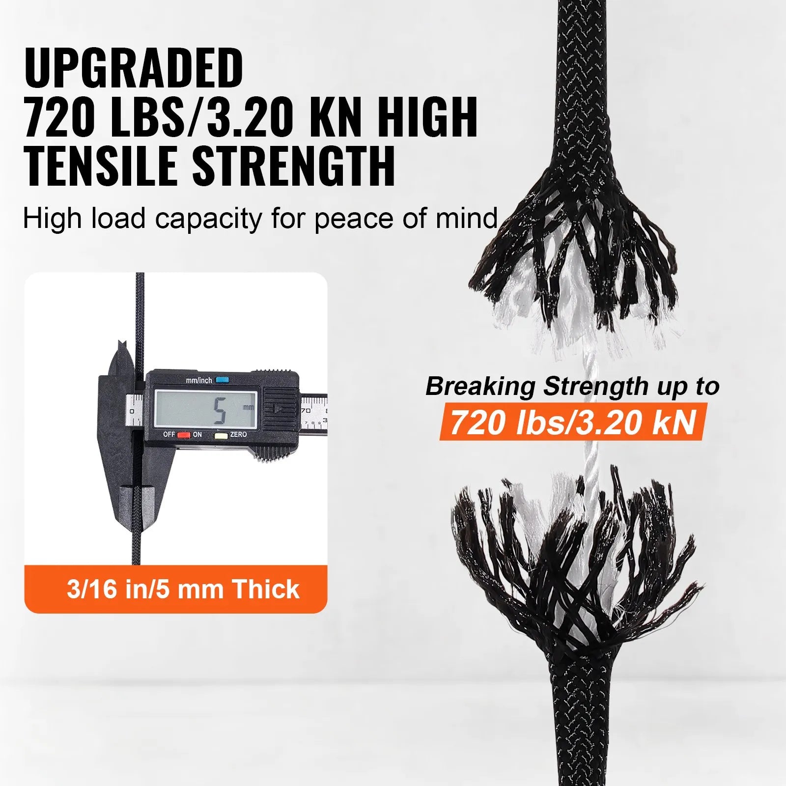 VEVOR Pīts neilona virve 4,8 mm × 76,2 m, 32 pavedieni, pārrāvuma izturība 326 kg, āra kāpšanas virve arboristiem, klinšu kāpšanai, pārgājieniem, kempingam, šūpolēm, nolaišanās darbiem un glābšanai, melna