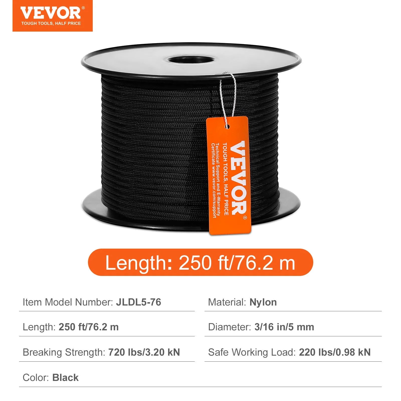 VEVOR Pīts neilona virve 4,8 mm × 76,2 m, 32 pavedieni, pārrāvuma izturība 326 kg, āra kāpšanas virve arboristiem, klinšu kāpšanai, pārgājieniem, kempingam, šūpolēm, nolaišanās darbiem un glābšanai, melna