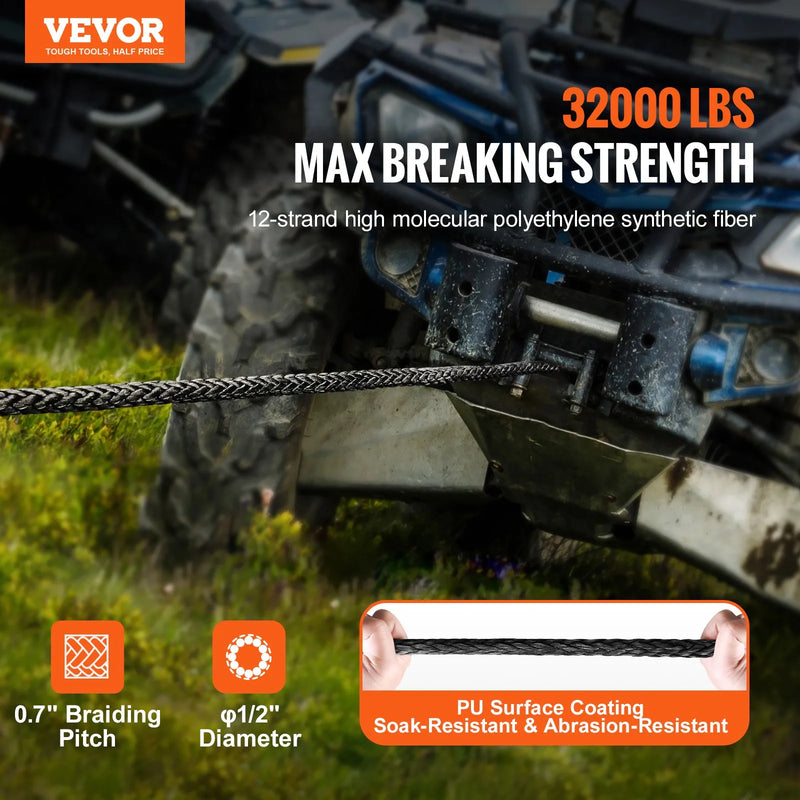 VEVOR sintētiskā vinčas trose, 12,7 mm × 28 m, 14 515 kg nestspēja, sintētiska vinčas trose ar aizsarguzmavu, kaltu vinčas āķi un vilkšanas siksnu, universāla piemērotība SUV, lieliem apvidus transportlīdzekļiem un kravas automašīnām