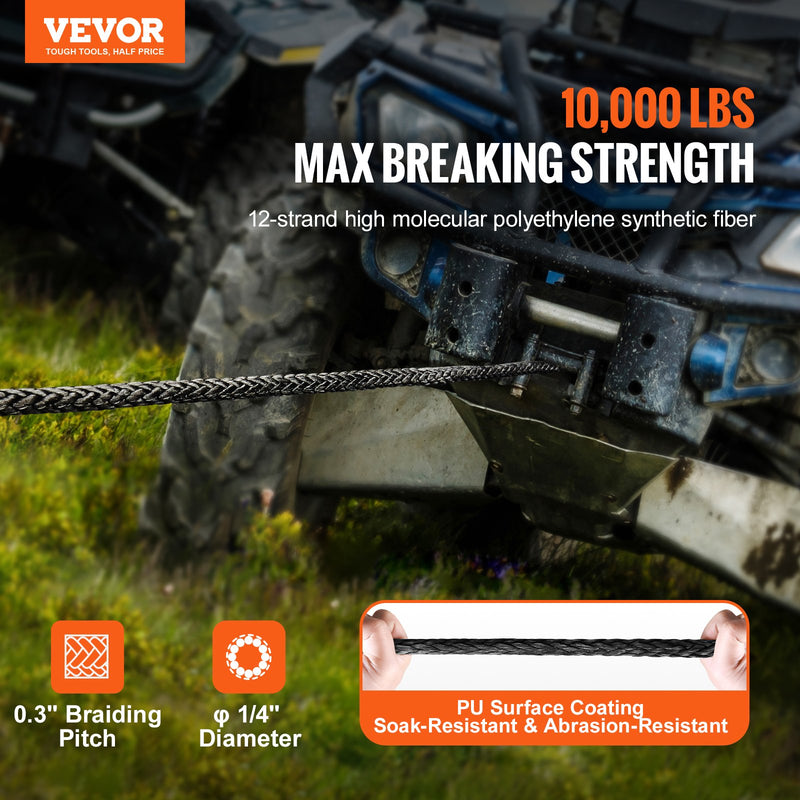 VEVOR sintētiskā vinčas trose 6,4 mm x 15,2 m, 4,5 t, ar aizsarguzmavu, apstādinātāju, kaltu āķi un vilkšanas siksnu, piemērota ATV, UTV un vieglajiem auto