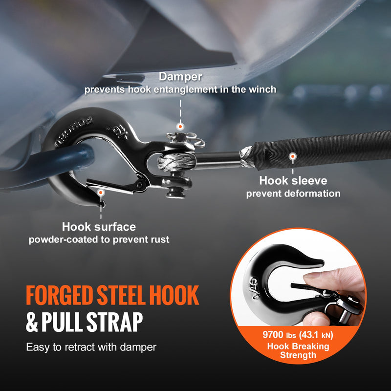 VEVOR sintētiskā vinčas trose 6,4 mm x 15,2 m, 4,5 t, ar aizsarguzmavu, apstādinātāju, kaltu āķi un vilkšanas siksnu, piemērota ATV, UTV un vieglajiem auto