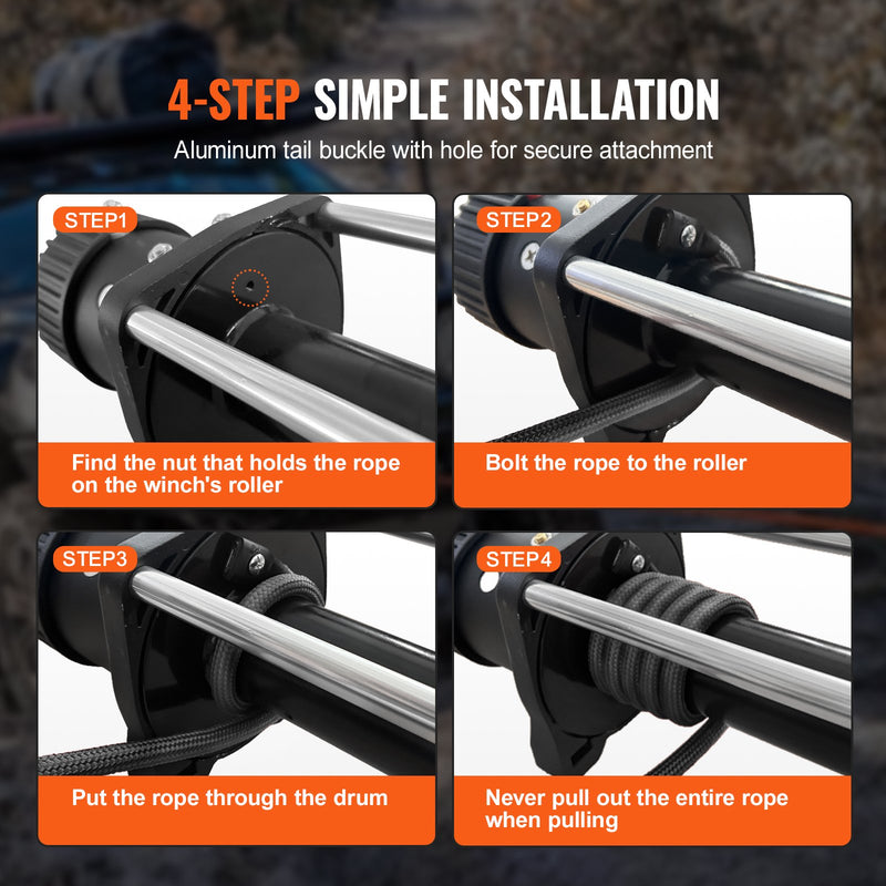 VEVOR sintētiskā vinčas trose 6,4 mm x 15,2 m, 4,5 t, ar aizsarguzmavu, apstādinātāju, kaltu āķi un vilkšanas siksnu, piemērota ATV, UTV un vieglajiem auto
