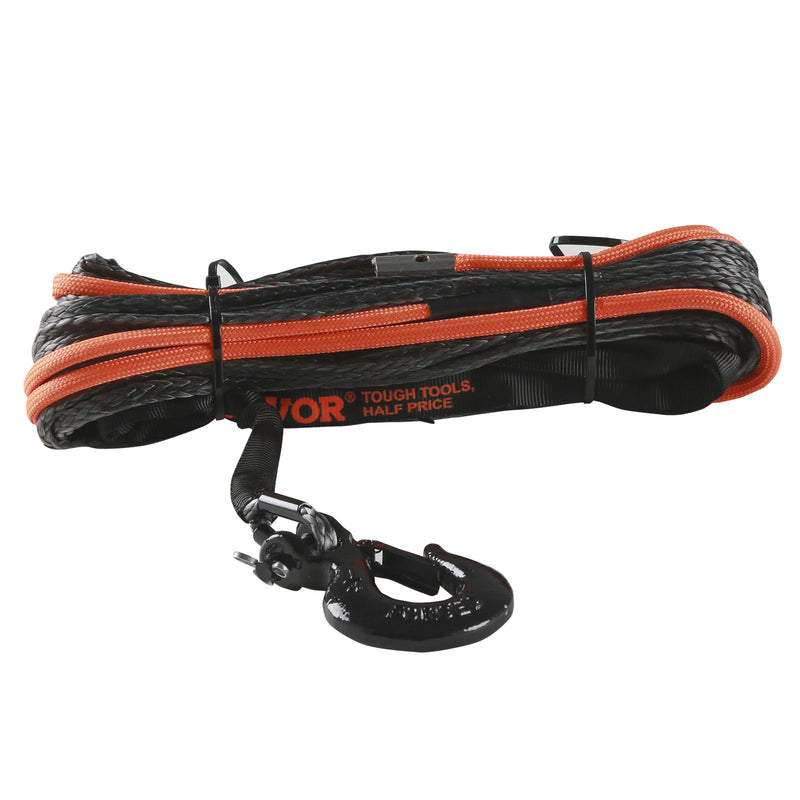 VEVOR sintētiskā vinčas trose 4,8 mm x 15,2 m, 3,8 t, ar aizsarguzmavu, āķi, apstādinātāju un vilkšanas siksnu