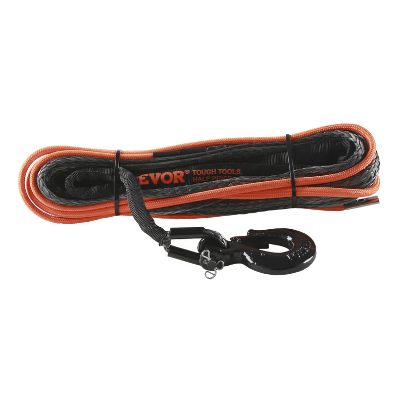 VEVOR sintētiskā vinčas trose 4,8 mm x 15,2 m, 3,8 t, ar aizsarguzmavu, āķi, apstādinātāju un vilkšanas siksnu