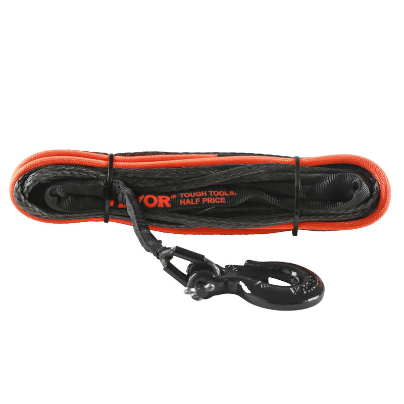 VEVOR sintētiskā vinčas trose 4,8 mm x 15,2 m, 3,8 t, ar aizsarguzmavu, āķi, apstādinātāju un vilkšanas siksnu