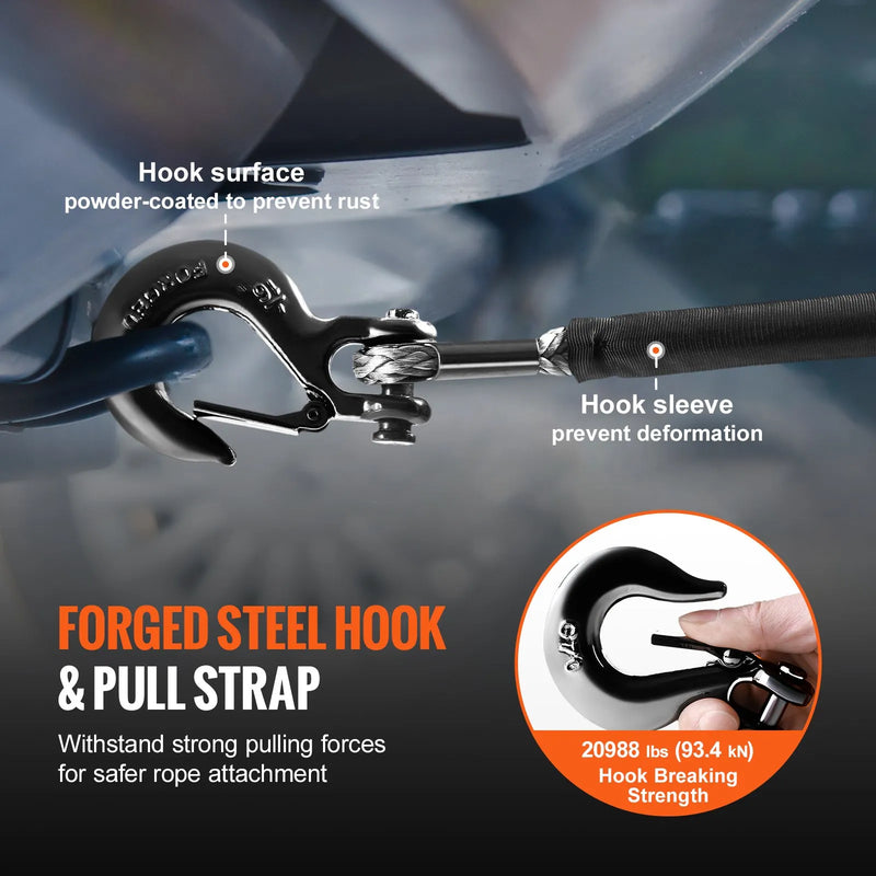 VEVOR sintētiskā vinčas trose, 9.5 mm × 30.48 m, 12 020 kg celtspēja, sintētiskais vinčas troses kabelis ar aizsarguzmavu + kalta vinčas āķi + vilkšanas siksnu, universāli piemērota SUV, lieliem bezceļu auto un kravas automobiļiem