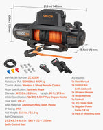 VEVOR Elektriskā vinča 4500 kg, 12 V DC kravas auto vinča ar Ø8,9 mm × 27,4 m sintētisko trosi, bezvadu un vadu tālvadība, IP67 ūdensizturīga, vilkšanai bezceļā SUV, Jeep, piekabei un laivai