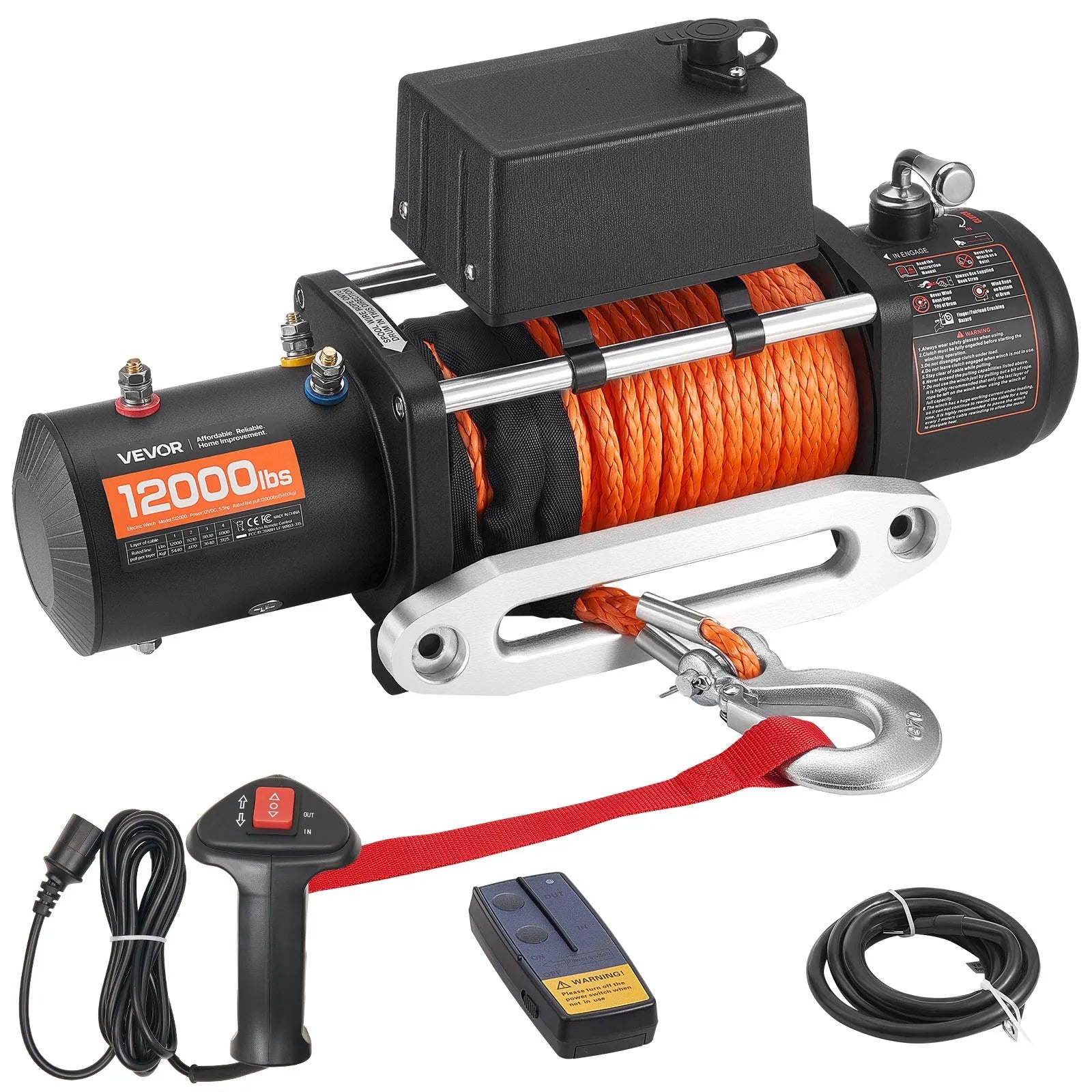 VEVOR elektriskā vinča, 5 400 kg vilkšanas jauda, 12 V līdzstrāvas kravas auto vinča ar Ø9,1 mm × 23 m sintētisko trosi, bezvadu un vadu tālvadība, IP55 ūdensizturība bezceļu SUV, Jeep, piekabju un laivu vilkšanai