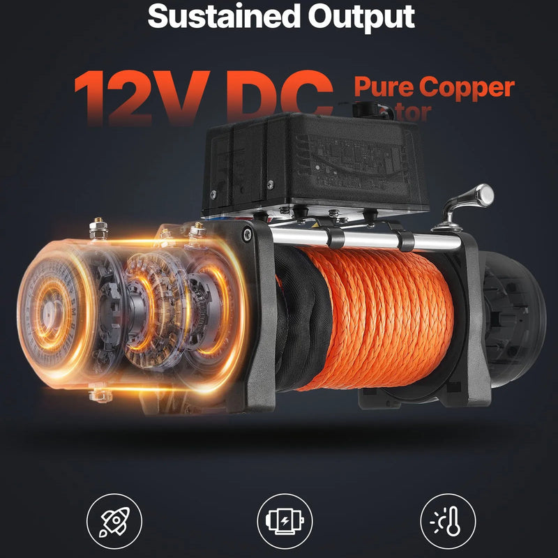 VEVOR elektriskā vinča, 5 400 kg vilkšanas jauda, 12 V līdzstrāvas kravas auto vinča ar Ø9,1 mm × 23 m sintētisko trosi, bezvadu un vadu tālvadība, IP55 ūdensizturība bezceļu SUV, Jeep, piekabju un laivu vilkšanai