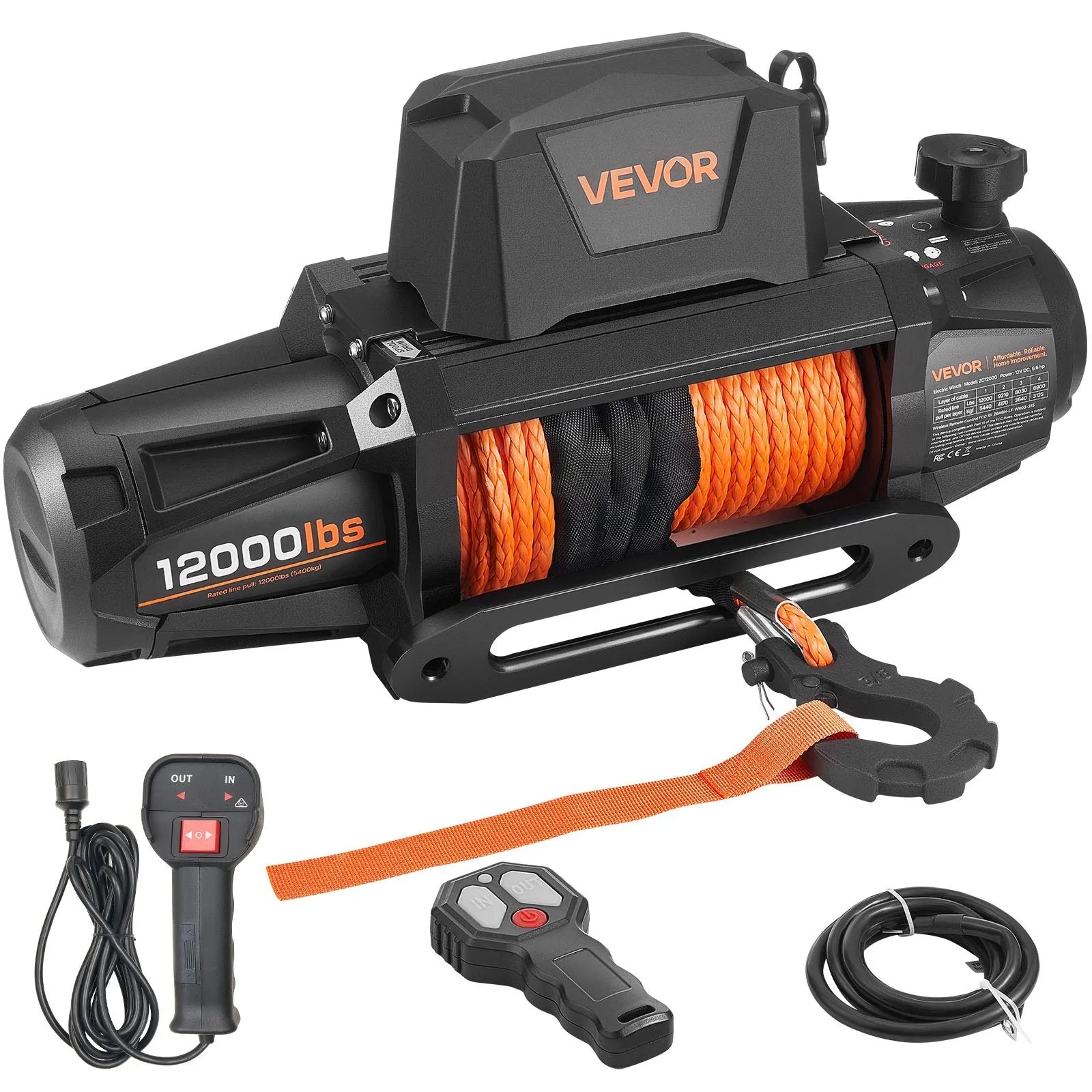 VEVOR elektriskā vinča, 12 V DC, kravnesība 5400 kg, ar sintētisko trosi 9,5 mm × 28 m, bezvadu un vadu tālvadības pulti, IP67 ūdensizturība, piemērota vilkšanai bezceļu transportlīdzekļiem, SUV, džipiem, piekabēm un laivām
