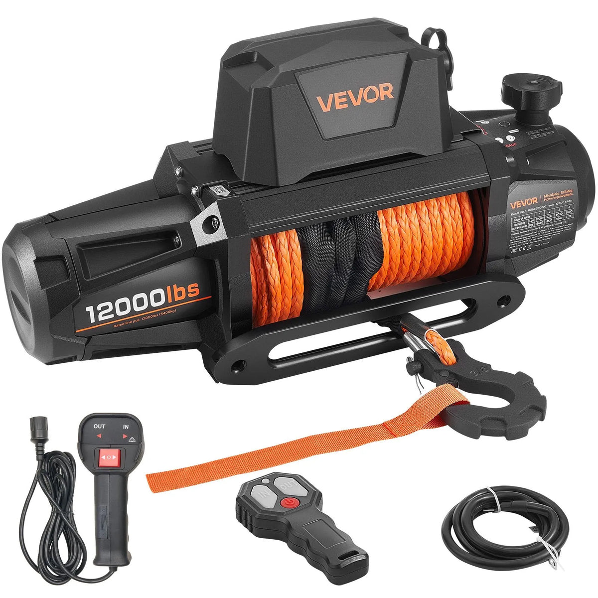 VEVOR elektriskā vinča, 12 V DC, kravnesība 5400 kg, ar sintētisko trosi 9,5 mm × 28 m, bezvadu un vadu tālvadības pulti, IP67 ūdensizturība, piemērota vilkšanai bezceļu transportlīdzekļiem, SUV, džipiem, piekabēm un laivām