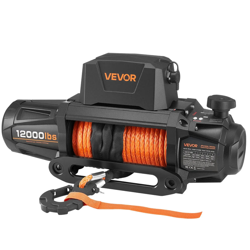 VEVOR elektriskā vinča, 12 V DC, kravnesība 5400 kg, ar sintētisko trosi 9,5 mm × 28 m, bezvadu un vadu tālvadības pulti, IP67 ūdensizturība, piemērota vilkšanai bezceļu transportlīdzekļiem, SUV, džipiem, piekabēm un laivām