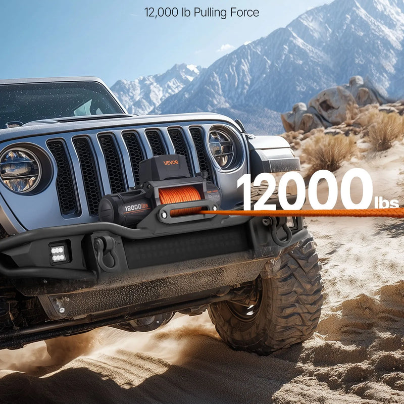 VEVOR elektriskā vinča, 12 V DC, kravnesība 5400 kg, ar sintētisko trosi 9,5 mm × 28 m, bezvadu un vadu tālvadības pulti, IP67 ūdensizturība, piemērota vilkšanai bezceļu transportlīdzekļiem, SUV, džipiem, piekabēm un laivām