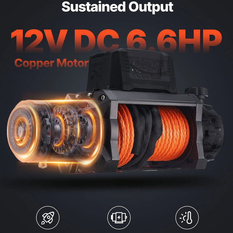 VEVOR elektriskā vinča, 12 V DC, kravnesība 5400 kg, ar sintētisko trosi 9,5 mm × 28 m, bezvadu un vadu tālvadības pulti, IP67 ūdensizturība, piemērota vilkšanai bezceļu transportlīdzekļiem, SUV, džipiem, piekabēm un laivām