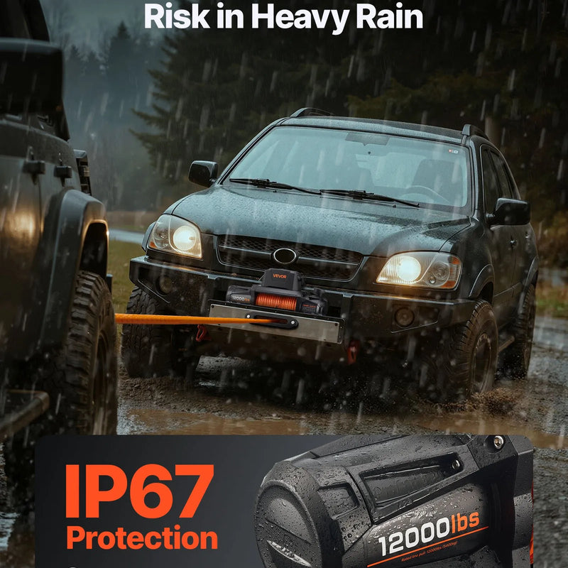 VEVOR elektriskā vinča, 12 V DC, kravnesība 5400 kg, ar sintētisko trosi 9,5 mm × 28 m, bezvadu un vadu tālvadības pulti, IP67 ūdensizturība, piemērota vilkšanai bezceļu transportlīdzekļiem, SUV, džipiem, piekabēm un laivām