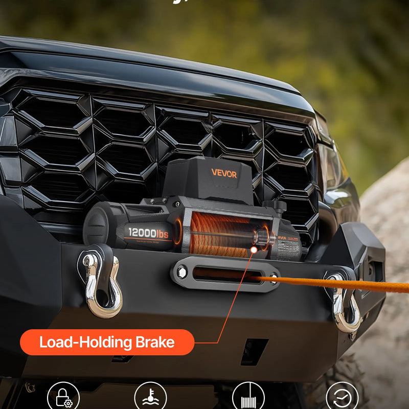 VEVOR elektriskā vinča, 12 V DC, kravnesība 5400 kg, ar sintētisko trosi 9,5 mm × 28 m, bezvadu un vadu tālvadības pulti, IP67 ūdensizturība, piemērota vilkšanai bezceļu transportlīdzekļiem, SUV, džipiem, piekabēm un laivām