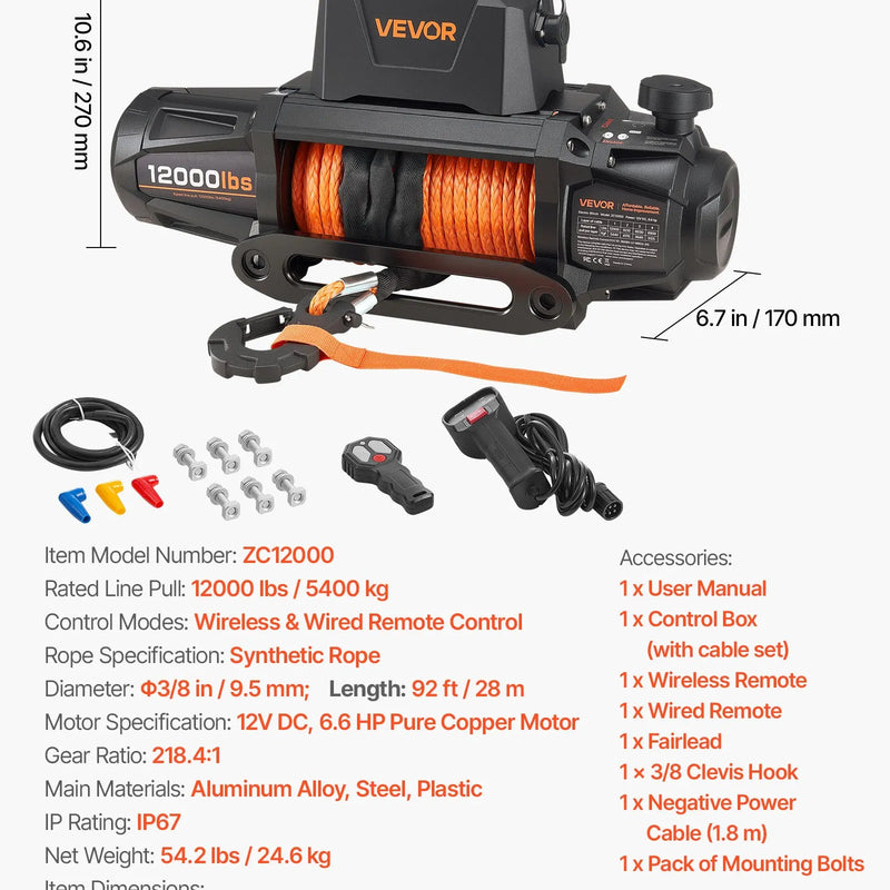 VEVOR elektriskā vinča, 12 V DC, kravnesība 5400 kg, ar sintētisko trosi 9,5 mm × 28 m, bezvadu un vadu tālvadības pulti, IP67 ūdensizturība, piemērota vilkšanai bezceļu transportlīdzekļiem, SUV, džipiem, piekabēm un laivām