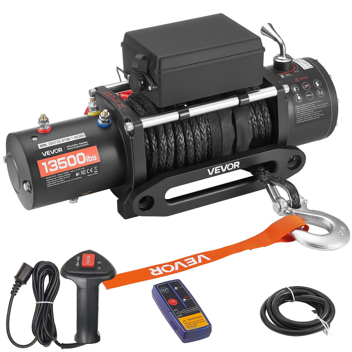 VEVOR elektriskā vinča 12 V, vilkšanas jauda 6100 kg, sintētiskā trose Ø9,5 mm × 26 m, bezvadu un vadu tālvadība, IP55 aizsardzība apvidus auto, džipiem, piekabēm un laivām