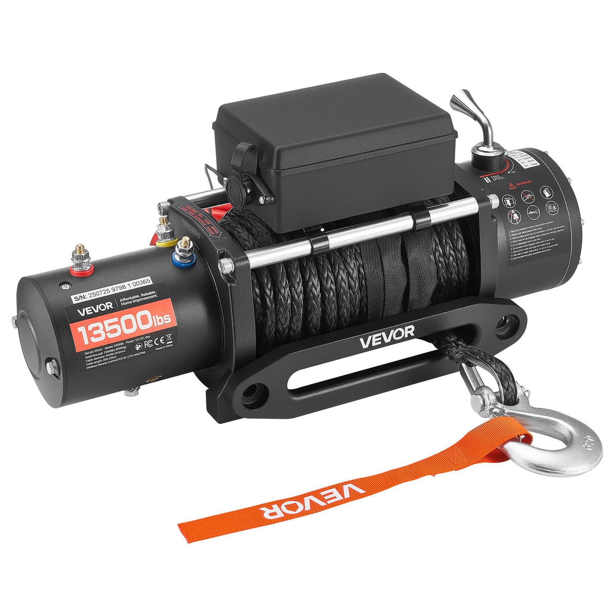 VEVOR elektriskā vinča 12 V, vilkšanas jauda 6100 kg, sintētiskā trose Ø9,5 mm × 26 m, bezvadu un vadu tālvadība, IP55 aizsardzība apvidus auto, džipiem, piekabēm un laivām