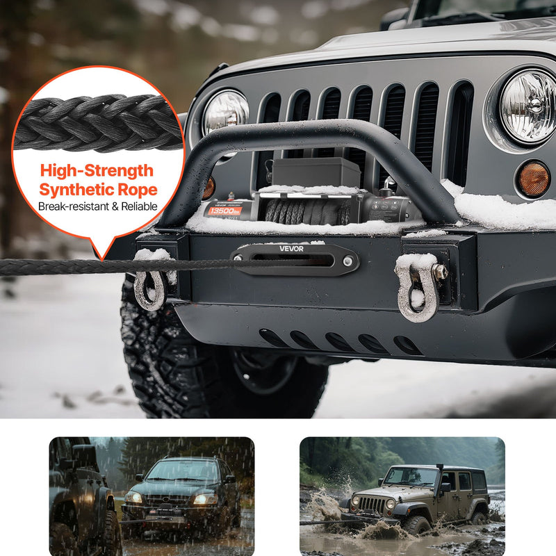 VEVOR elektriskā vinča 12 V, vilkšanas jauda 6100 kg, sintētiskā trose Ø9,5 mm × 26 m, bezvadu un vadu tālvadība, IP55 aizsardzība apvidus auto, džipiem, piekabēm un laivām