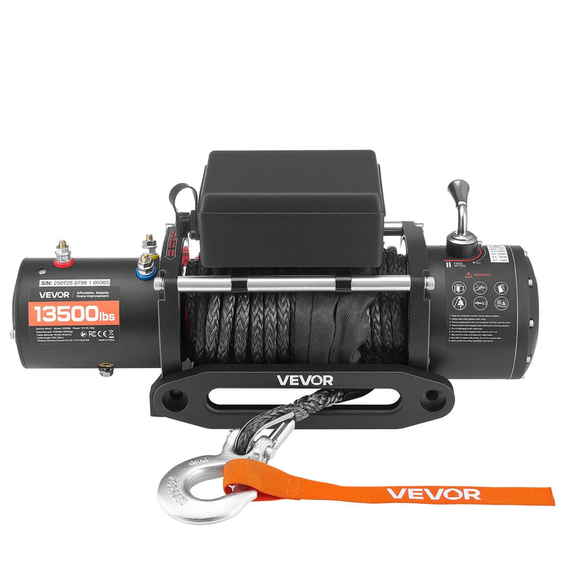 VEVOR elektriskā vinča 12 V, vilkšanas jauda 6100 kg, sintētiskā trose Ø9,5 mm × 26 m, bezvadu un vadu tālvadība, IP55 aizsardzība apvidus auto, džipiem, piekabēm un laivām
