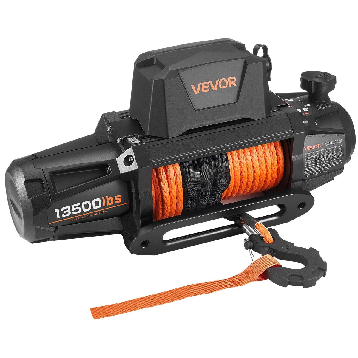 VEVOR Elektriskā vinča 6100 kg, 12 V DC kravas auto vinča ar Ø9,5 mm × 28 m sintētisko trosi, bezvadu un vadu tālvadība, IP67 ūdensizturīga, vilkšanai bezceļā SUV, Jeep, piekabei un laivai