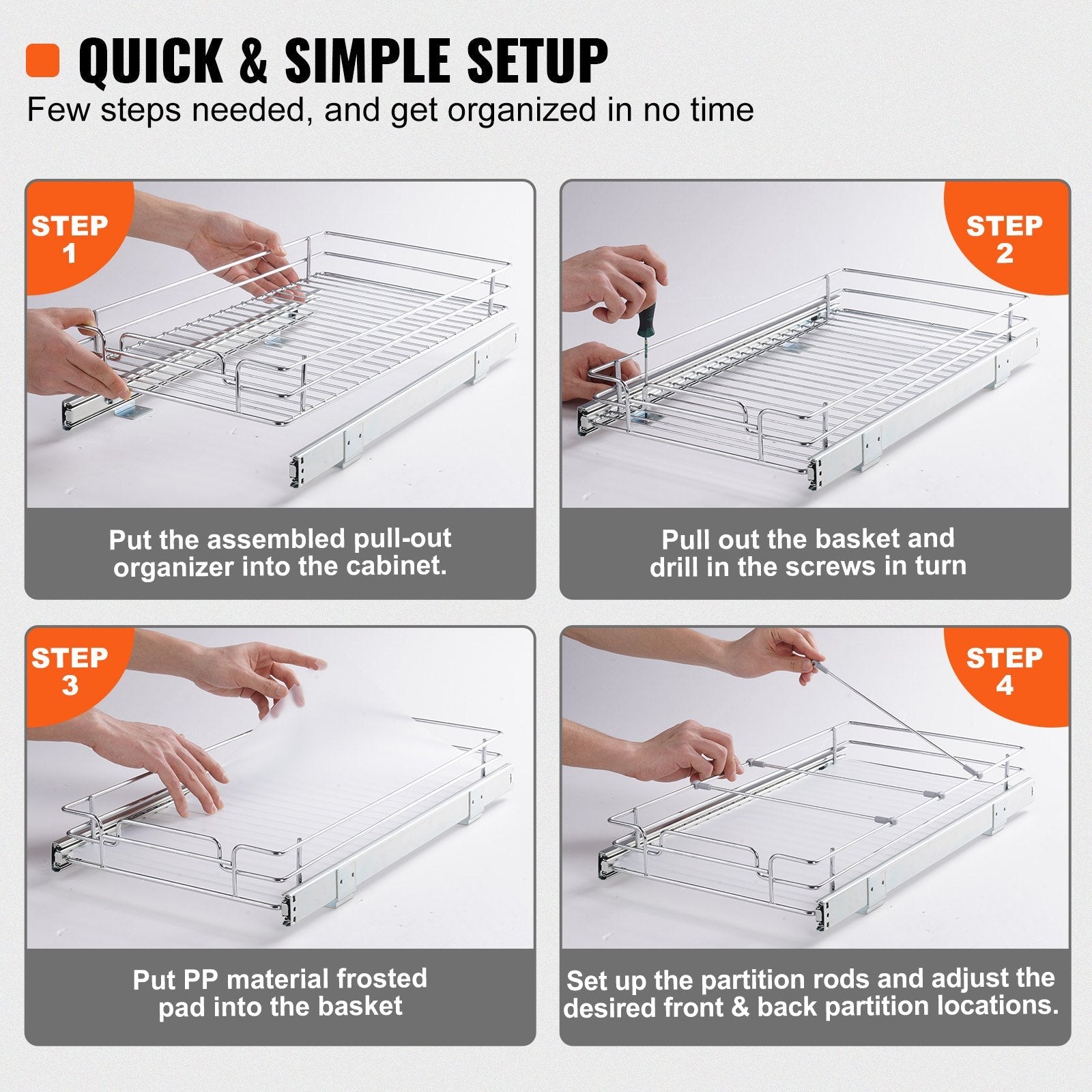 VEVOR 28 cm x 53 cm Ievilkšanas Skapja Organizators, Smagās Klases Hroma Tērauda Slīdošās Atvilktnes, Uzglabāšanai Virtuvē, Vannasistabā, Zem Izlietnes