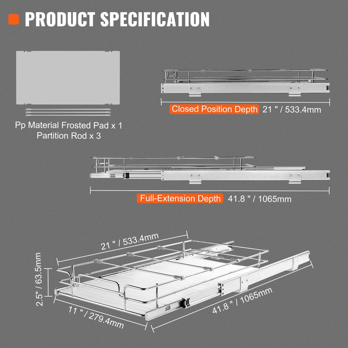VEVOR 28 cm x 53 cm Ievilkšanas Skapja Organizators, Smagās Klases Hroma Tērauda Slīdošās Atvilktnes, Uzglabāšanai Virtuvē, Vannasistabā, Zem Izlietnes