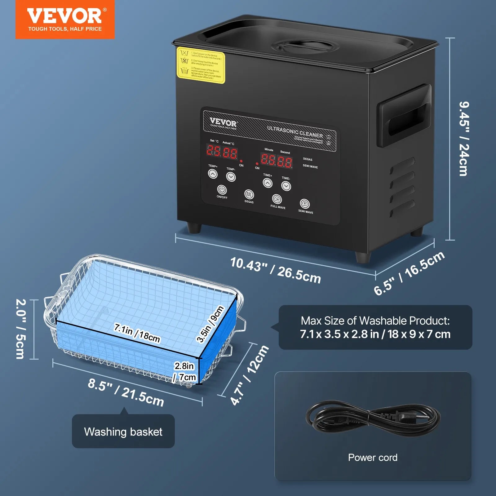 VEVOR 3 l ultraskaņas tīrītājs, 120 W digitāla ultraskaņas tīrīšanas iekārta ar saudzīgo režīmu un uzlabotu degazēšanu, 40 kHz ultraskaņas tīrītājs ar sildīšanu un taimeri juvelierizstrādājumu, briļļu, instrumentu un retainieru tīrīšanai