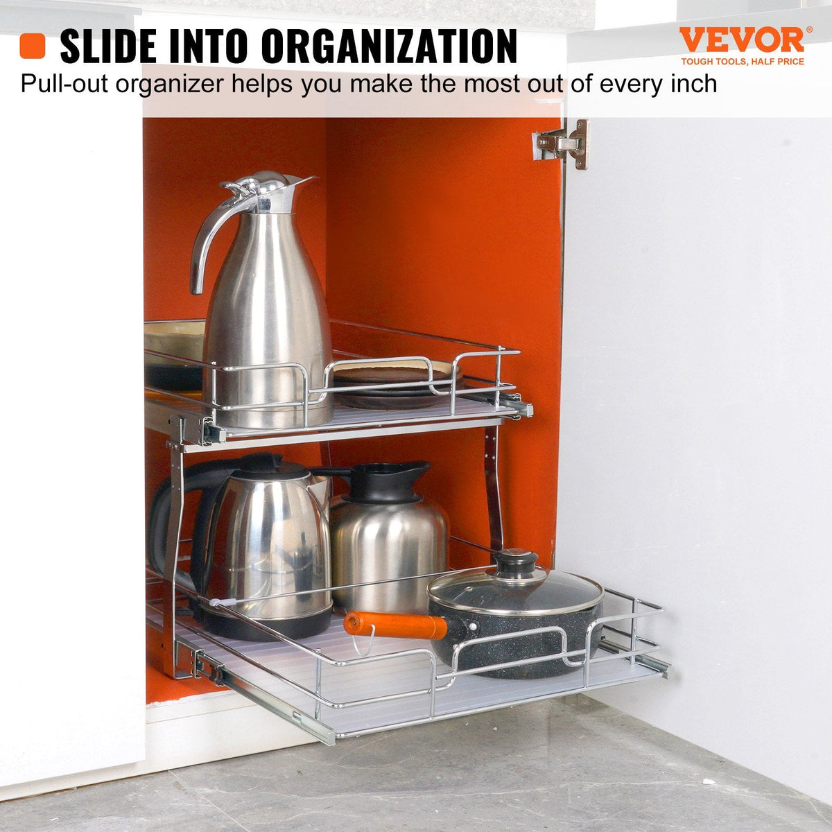 VEVOR 2 līmeņu izvelkams skapja organizators, 510 × 535 × 380 mm, smagā tipa tērauda izvelkamie plaukti ar bīdāmiem mehānismiem, uzglabāšanas atvilktnes mājai, uzstādīšanas izmērs 546 × 560 × 457 mm