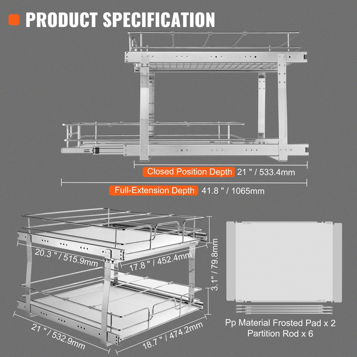 VEVOR 2 līmeņu izvelkams skapja organizators, 510 × 535 × 380 mm, smagā tipa tērauda izvelkamie plaukti ar bīdāmiem mehānismiem, uzglabāšanas atvilktnes mājai, uzstādīšanas izmērs 546 × 560 × 457 mm