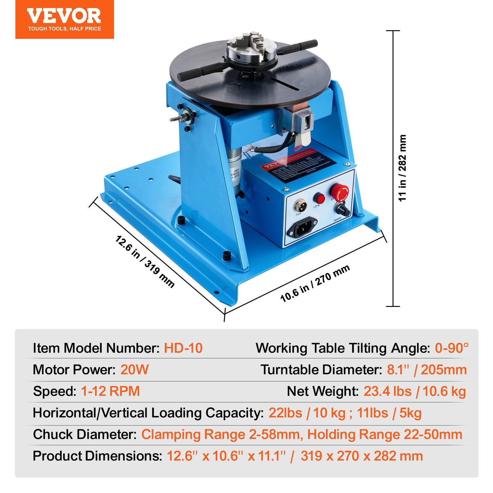 VEVOR 10 kg pöörlev keevituspositsioneerija 0-90° positsioneerimise pöörlev laud 1-12 rpm
