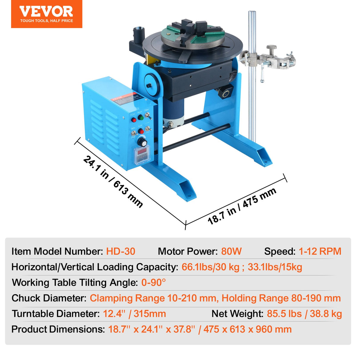 VEVOR metināšanas pozicionētājs 30 kg, 0–90° rotējošs galds, 1–12 apgr./min