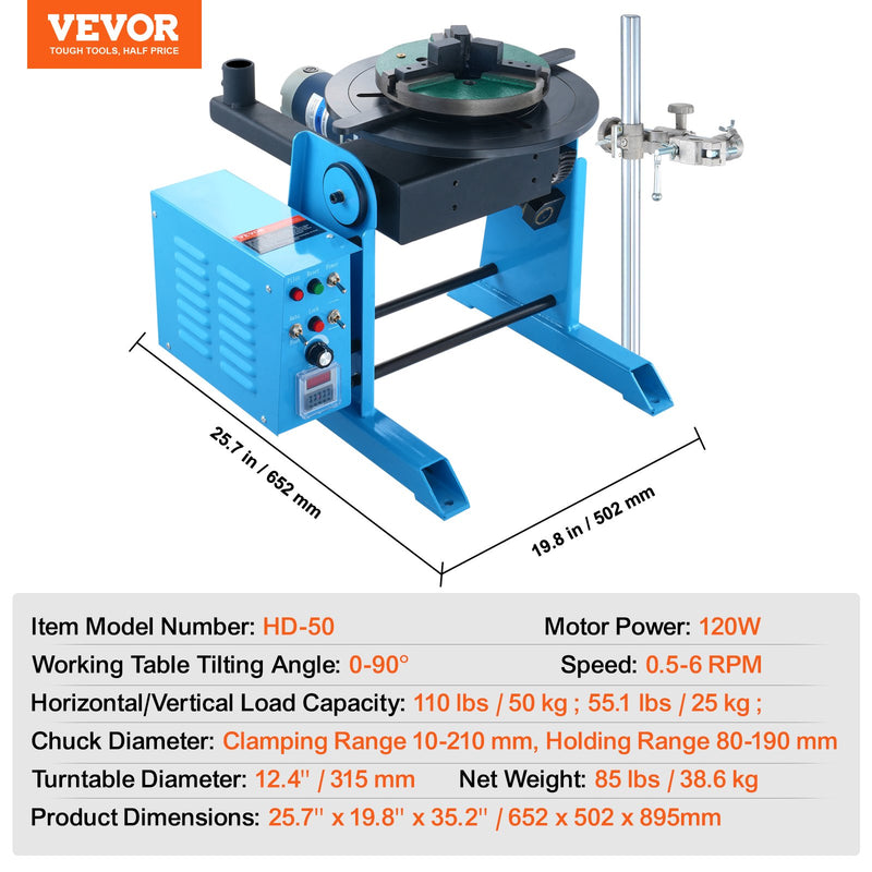VEVOR welding positioner 50 kg, 0-90° rotary table, 0,5-6 rpm
